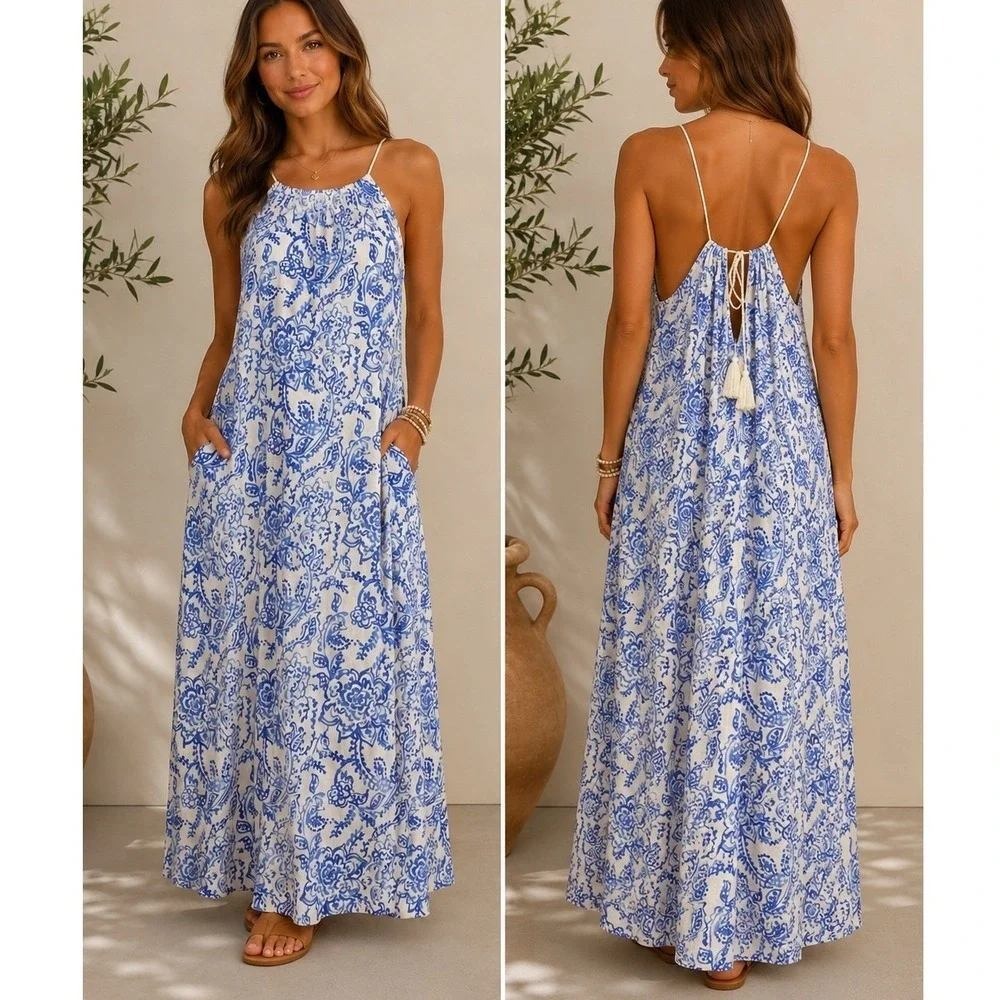 Caroline Constas NWT Linen Blend Blue White Floral‎ Tassel Cami Maxi Dress Sz S